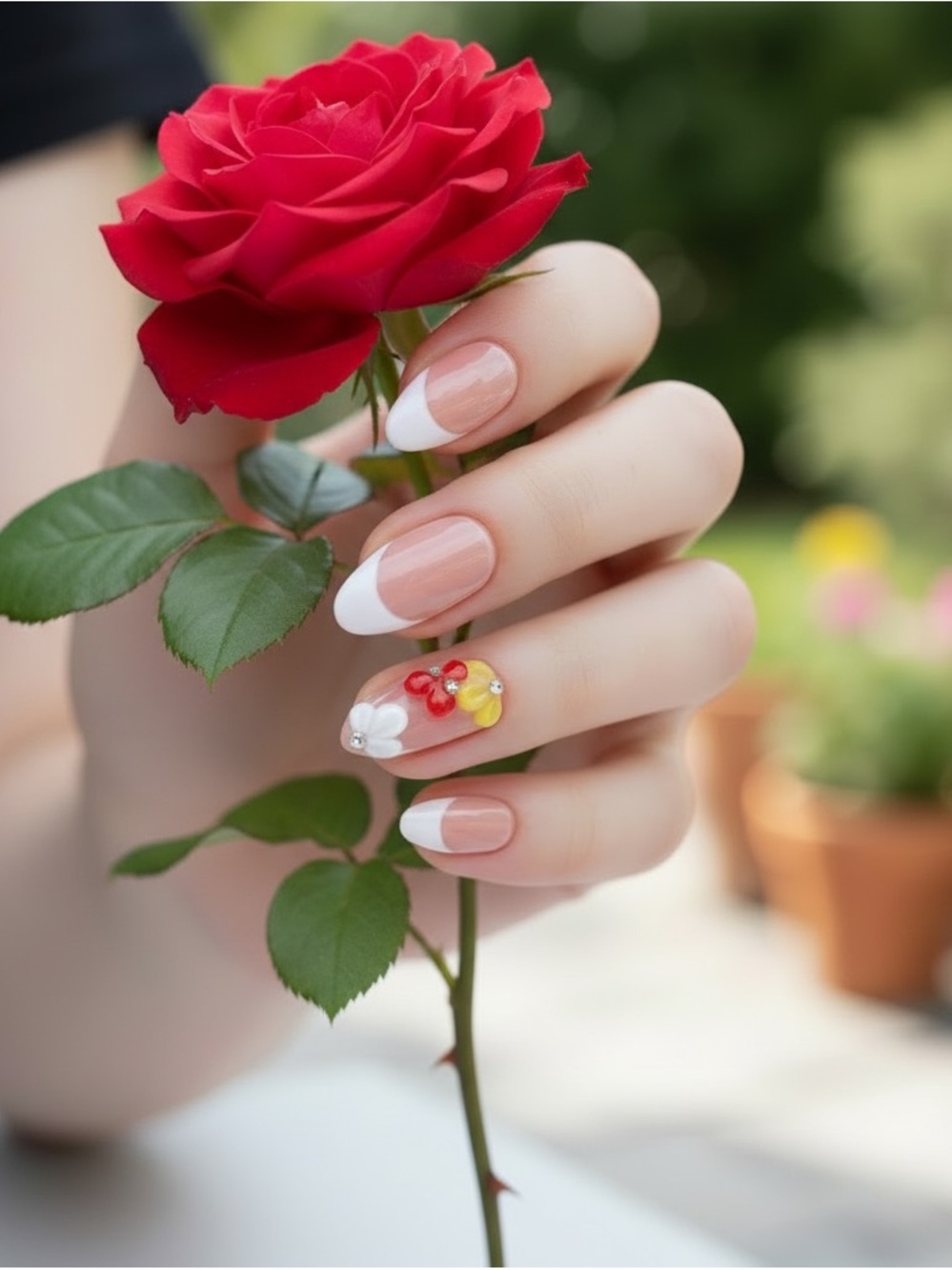 Nude French Tip Nails with 3D Floral Accent